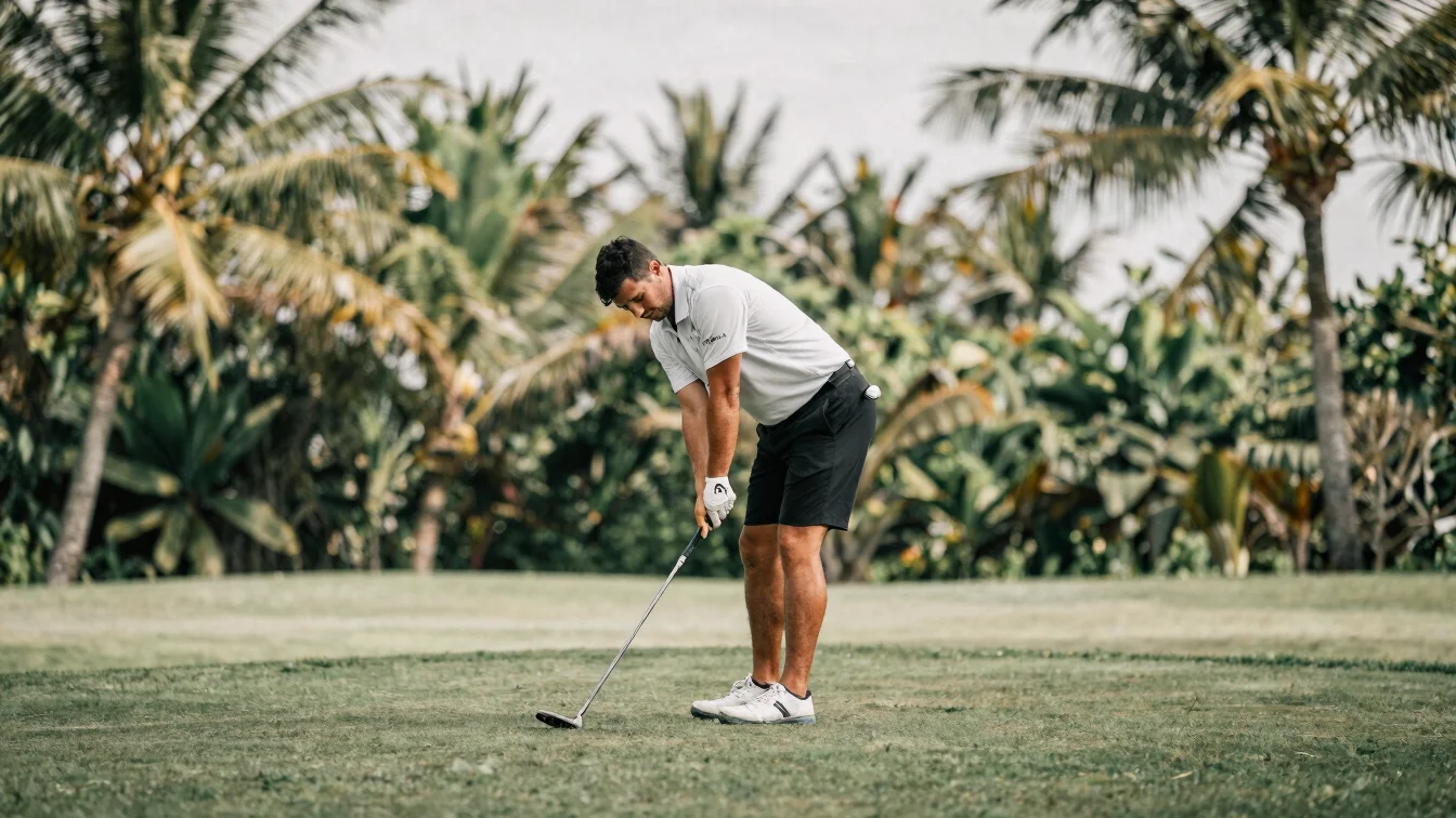 Close editorial sports photograph of a golfer performing a contro
