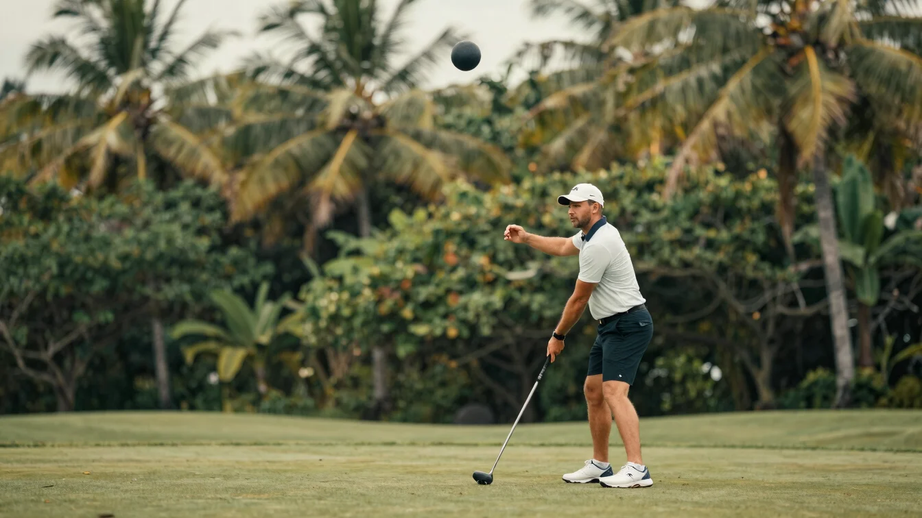 Editorial sports photograph of a trainer guiding a golfer through