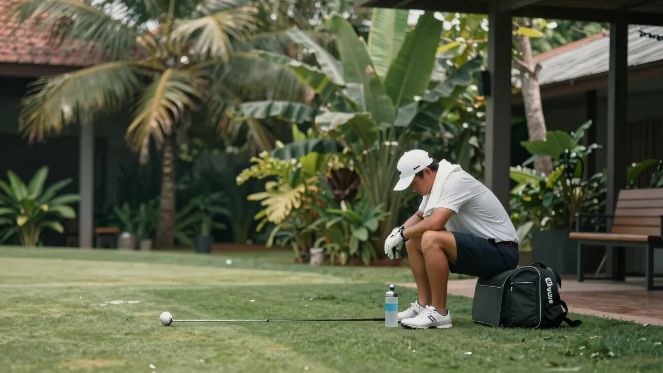Editorial sports photograph of a golfer resting briefly between t