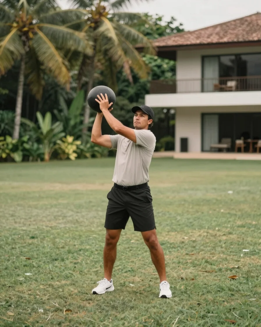 Golfer in athletic training attire performing a controlled rotati