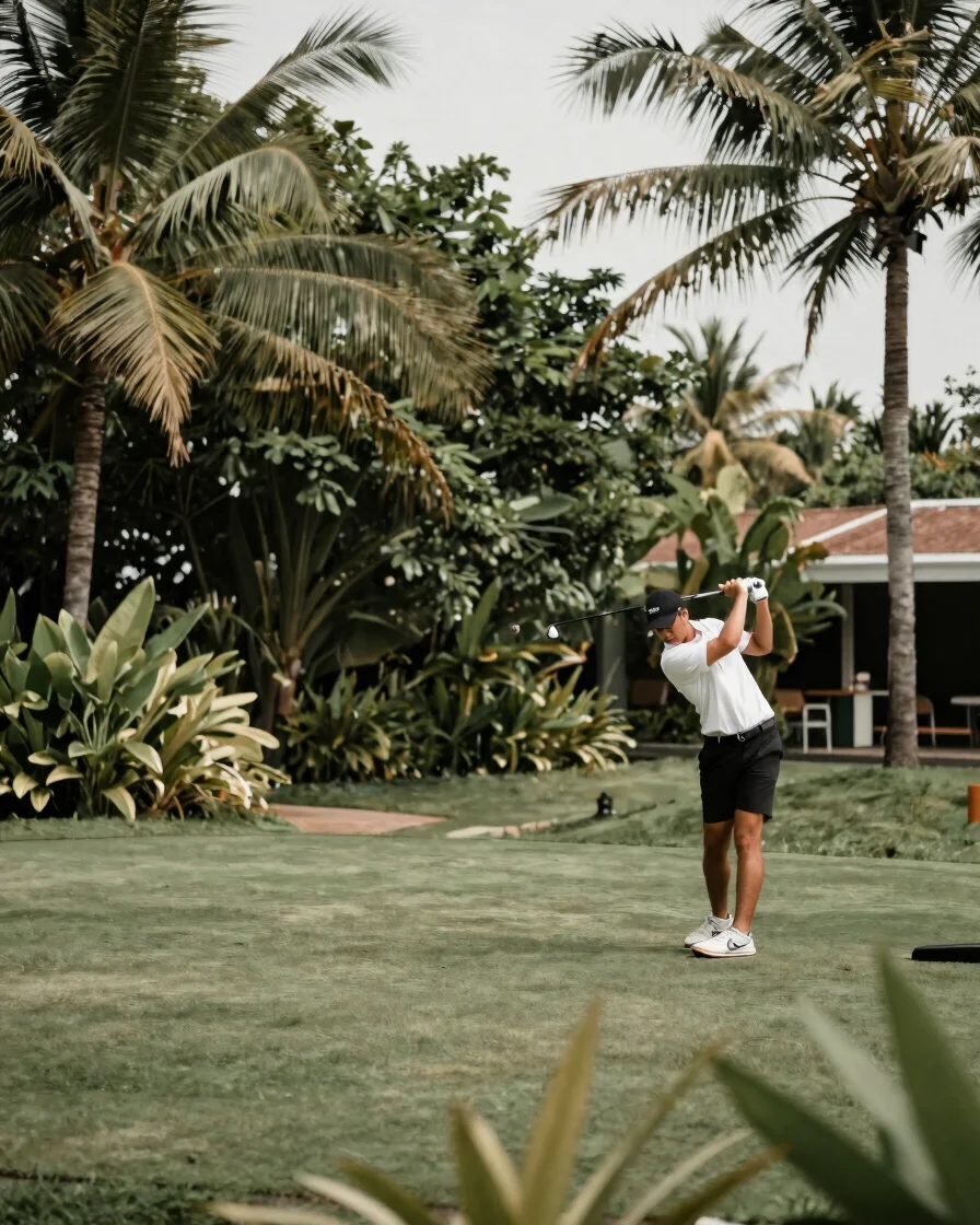 Wide panoramic editorial sports photograph of a golfer mid-rotati
